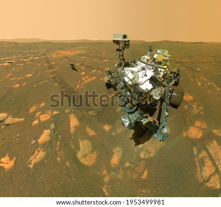 NASA’s Perseverance Mars rover and  Ingenuity helicopter on Mars surface. Elements of this image furnished by NASA JPLCaltech MSSS