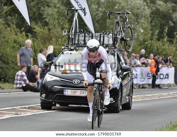 Pershore. Worcestershire. UK.\
12th/September/2019. Team Corendon Circus cycling member Otto \
Vergaerde from Belgium on the course during Stage Six an individual\
time trial of the 16th Tour of\
Britain.