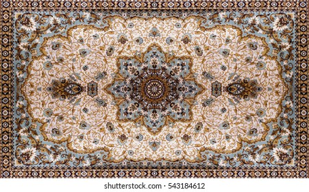 Persian Carpet Texture, abstract ornament. Round mandala pattern, Middle Eastern Traditional Carpet Fabric Texture. Turquoise milky blue grey brown yellow colored