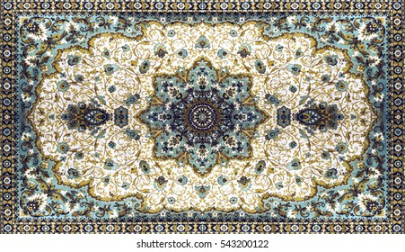 Persian Carpet Texture, abstract ornament. Round mandala pattern, Middle Eastern Traditional Carpet Fabric Texture. Turquoise milky blue grey brown yellow red