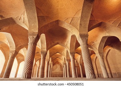 Persian mosque Vakil with carved columns in huge historical hall, built at 1773 in Shiraz, Iran - Powered by Shutterstock