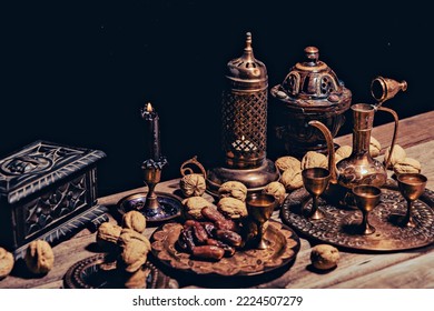 Persian Tea And Teapots Pouring Hot Tea In Tea Cups At A Table.