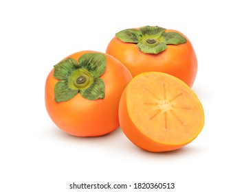 Persimmon fruit with cut in half isolated on white background. clipping path.