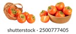 Persimmon fruit in wicker basket isolated on white background with full depth of field