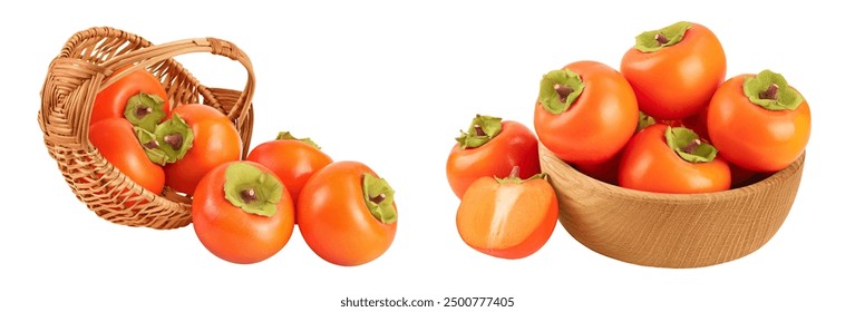 Persimmon fruit in wicker basket isolated on white background with full depth of field