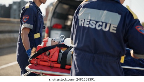 Person, accident or emergency on road with ambulance or life support, medical service or trauma with ventilation. Safety, first aid or health insurance or air mask for breath on street, ems or crisis