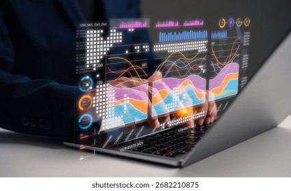 A person analyzes digital data visualizations on a laptop, showcasing graphs and charts for insights into performance and trends.
