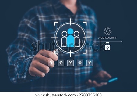 Person analyzing customer data with cybersecurity interface for identity protection, secure access, user authentication, privacy management, digital security, and data protection technology.