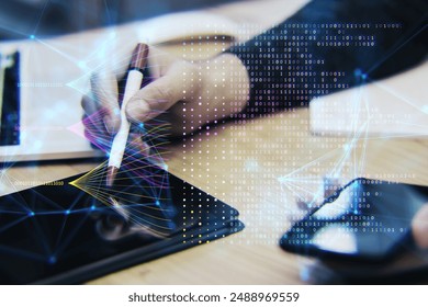 A person analyzing data on a digital tablet with dynamic digital overlay, creative visual on a blurred office background, concept of data analysis - Powered by Shutterstock