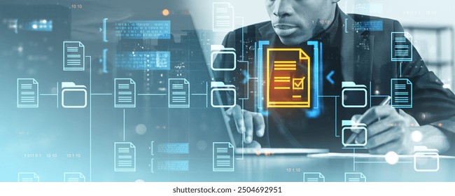 Person analyzing digital documents on a futuristic interface, with a tech overlay background. Concept of data management and cybersecurity - Powered by Shutterstock