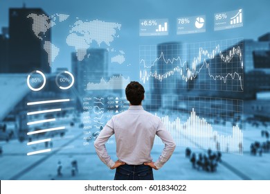 Person analyzing a financial dashboard with key performance indicators (KPI) and business intelligence (BI) charts with a business district cityscape in background