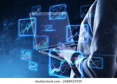 A person analyzing financial data on transparent screens with a futuristic interface, set against a dark background, concept of modern finance - Powered by Shutterstock