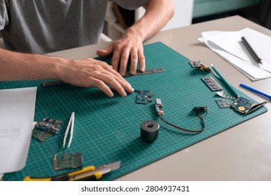 Person is assembling circuit boards using tools and a ruler on a work table with green matting.