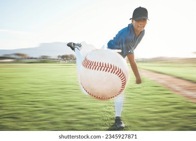 Person, baseball and pitching a ball outdoor on a sports pitch for performance and competition. Professional athlete or softball player throw for a game, training or exercise challenge on a field - Powered by Shutterstock