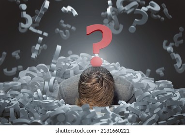 Person in between a heap of question marks  - Shutterstock ID 2131660221
