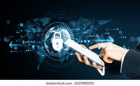 Person in business suit using tablet with digital lock and arrows on dark world map background, showing cybersecurity and data protection concept