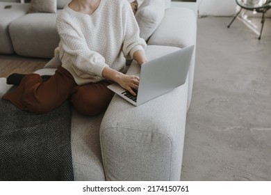 Person, Businesswoman Using Laptop Computer. Shopping Online, Branding Online Store, Sending Message, Make Video Call, Sending Email, Writing Text, Work. Blank Copy Space Mockup Screen Template