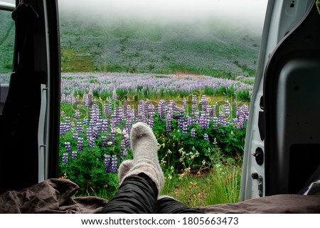 Person in camping van open door and feet with woolen socks on, laying inside the car with view on Icelandic landscape summer spring flowers lupines and mountains with low cloud fog