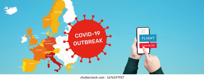 Person Canceled Flight On Mobile App With Covid 19-virus Epidemic.outbreak Covid 19 In Europe.save Your Health.government Policy Solution.busuness Transportation