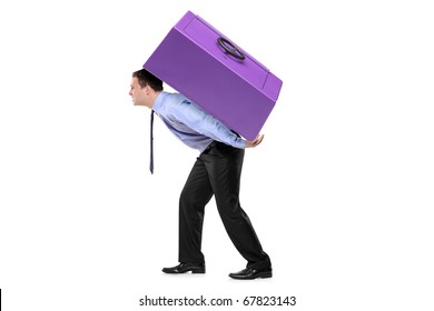 Person Carrying A Safe Box On His Back Isolated Against White Background