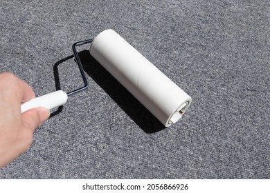 A Person Cleaning A Carpet With A Roller Adhesive Cleaner