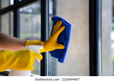 Person Cleaning The Room, Cleaning Staff Is Using Cloth And Spraying Disinfectant To Wipe The Glass In The Company Office Room. Cleaning Staff. Maintaining Cleanliness In The Organization.