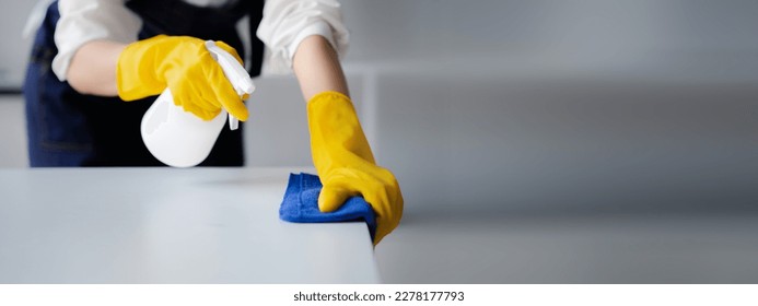 Person cleaning the room, cleaning staff is using cloth and spraying disinfectant to wipe the desk in the company office room. Cleaning staff. Maintaining cleanliness in the organization. - Powered by Shutterstock