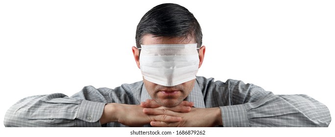 Person Closes His Eyes With A Medical Face Mask So As Not To See What Is Happening Around. Isolated On White Background With Copy Space