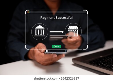 A person completes a successful online payment on a smartphone, with a digital confirmation overlay showing bank to store transaction.