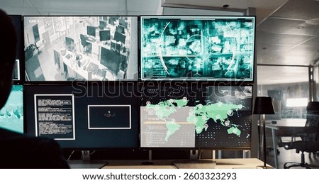 Person, computer and screen with satellite security of global surveillance, coding and monitor worldwide. Agent, map and location of war investigation, programming and script update of law protection