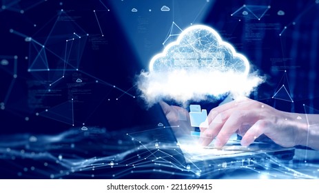 A person is connecting to the Internet through a notebook computer to upload and download data to cloud technology or edge computing. abstract white cloud polygon binary code on dark blue background. - Powered by Shutterstock - Get 15% off with code: PIKWIZARD15