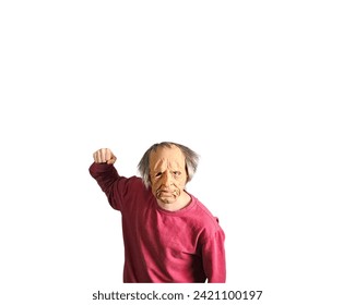 A person in a creepy mask standing in a red shirt with their arm up and ready to punch. Isolated on white.