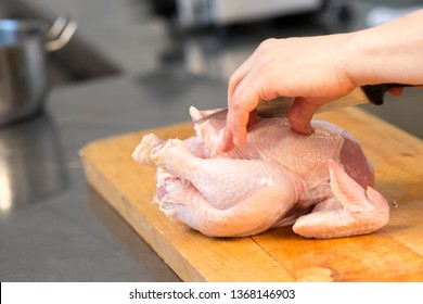 A person  cuts raw chicken. Cook's hand with a knife close-up on the background of the kitchen. The background is blurred - Powered by Shutterstock