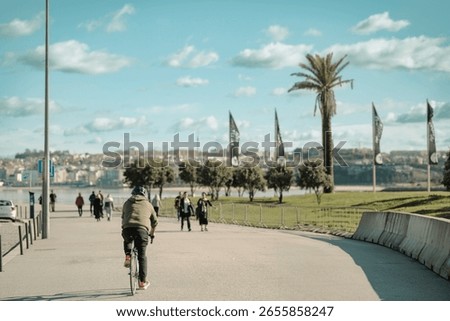 A person cycles down a path next to the Douro River in Porto. Pedestrians stroll nearby under a bright sky with scattered clouds. Palm trees and flags line the riverbank
