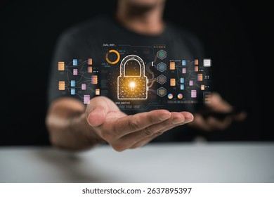 A person demonstrates digital security with a lock icon surrounded by virtual connections, symbolizing the importance of cyber protection and data privacy. - Powered by Shutterstock - Get 15% off with code: PIKWIZARD15