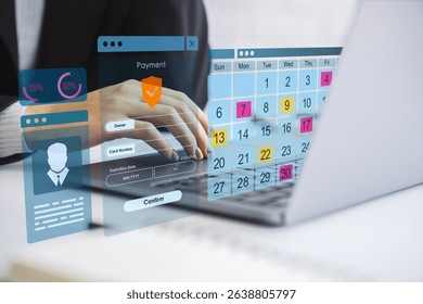 Person at desk using laptop with digital interface overlays of payment form, calendar, and user profile, in modern office technology concept