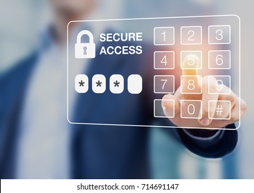 Person Dialing Password On A Virtual Screen Digital Keypad, Secure Access, Security