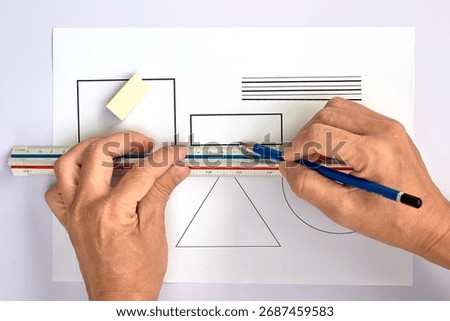 A person is drawing basic geometric shapes with precision tools. A concept for education, engineering, design, and meticulous planning.