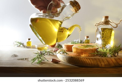 person dressing a slice of bread with a glass bottle of rosemary-essential oil on a wooden plate on a kitchen bench with rosemary sprigs and food on a white isolated background. Front view. - Powered by Shutterstock