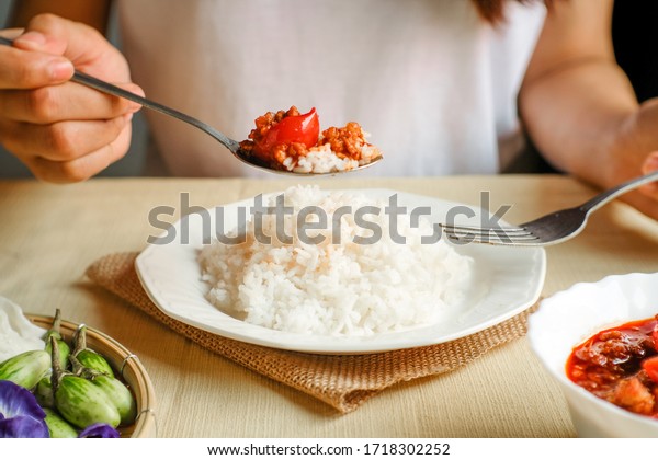 Person Eating Thai Food Eating Rice Stock Photo (Edit Now) 1718302252