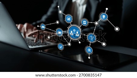 A person engaged in using a laptop, surrounded by virtual icons representing digital connections and networking concepts, emphasizing modern technology and communication. Tessel