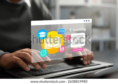 Person engages in E-learning using laptop with educational icons, representing digital education,virtual classroom,Modern distance learning powered by online platforms and interactive technology tools