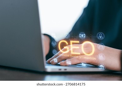 A person engages in generative engine optimization on a laptop, showcasing various digital tools and strategies for improving online visibility in a well-lit workspace.