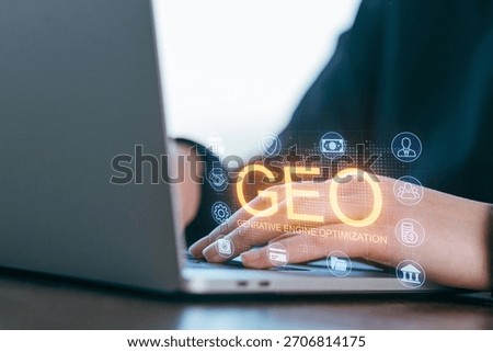 A person engages in generative engine optimization on a laptop, showcasing various digital tools and strategies for improving online visibility in a well-lit workspace.