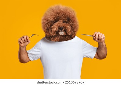 A person with a fluffy brown dog head is humorously appearing to cook while wearing a simple white shirt. The vibrant yellow background adds a cheerful atmosphere - Powered by Shutterstock