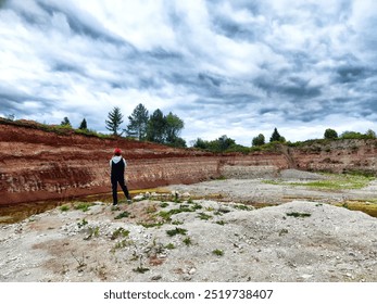 A person gazes into a vast, rocky terrain surrounded by trees and dramatic clouds. - Powered by Shutterstock