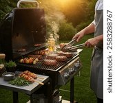 A person grills a variety of delicious meats and vegetable skewers on a gas barbecue in a lush green backyard during a warm summer evening 