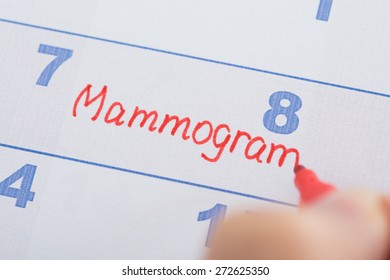 Person Hand With Mammogram Appointment Written On Calendar