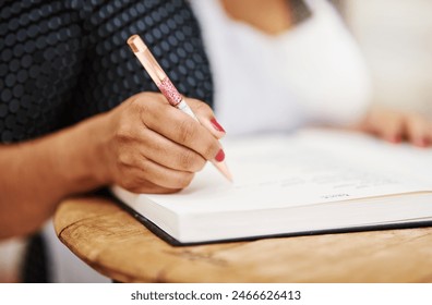 Person, hand and notebook with apron as cook writing in kitchen with ingredient experiment, bakery or small business. Pen, paper and dessert hobby in home as professional chef, recipe or learning - Powered by Shutterstock