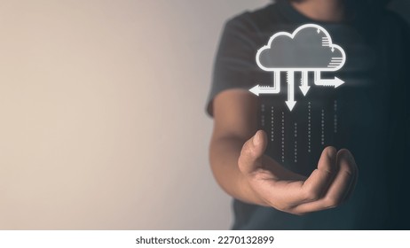 Person hand showing cloud computing technology icons concept, big data and data science, analyzing and visualizing complex, quantum computing, business analytics, network, AI concept, cyber security.